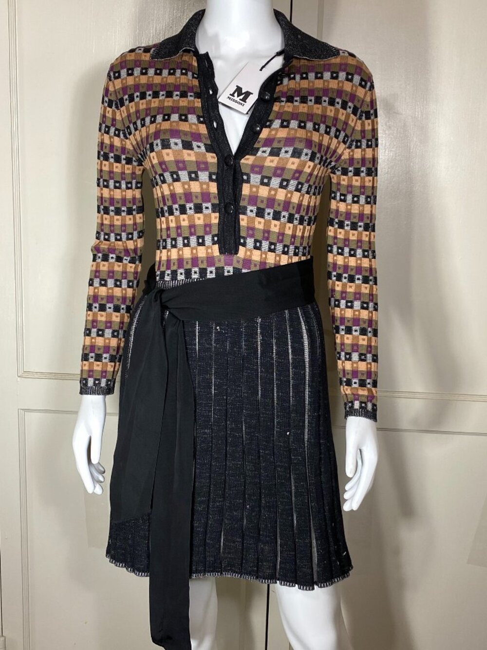 M MISSONI Italy Wool Blend Knit Pleat Skirt Dress Plaid Check Black Brown 8 NWT